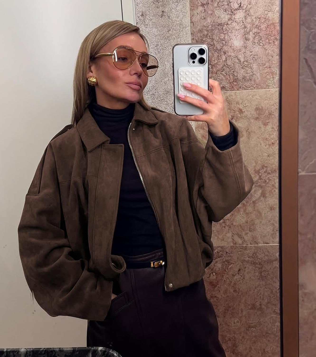 Womens Faux Suede Bomber Jacket Casual Lapel Pilot Cropped Coat Oversized Motorcycle Jackets 2025 Outerwear