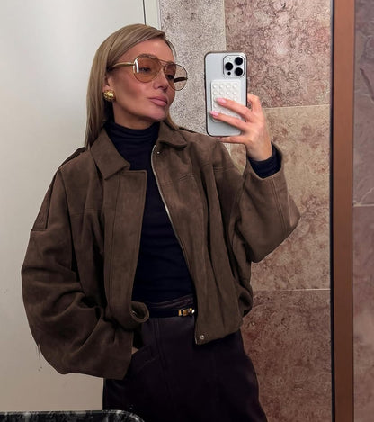 Womens Faux Suede Bomber Jacket Casual Lapel Pilot Cropped Coat Oversized Motorcycle Jackets 2025 Outerwear