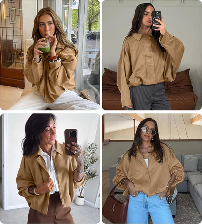 Womens Faux Suede Bomber Jacket Casual Lapel Pilot Cropped Coat Oversized Motorcycle Jackets 2025 Outerwear