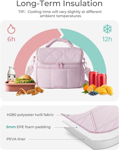 Anastas Lunch Bag Women, Double Deck Insulated Lunch Box, Quilted Puffer Lunch Tote, Leakproof, Durable & Reusable Large Lunch Cooler