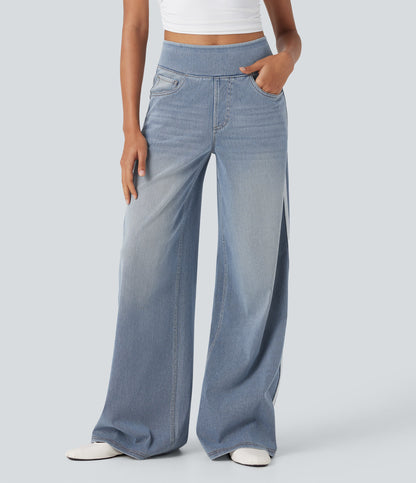 High Waisted Stripe Wide Leg Flowy Washed Casual Jeans with Pockets