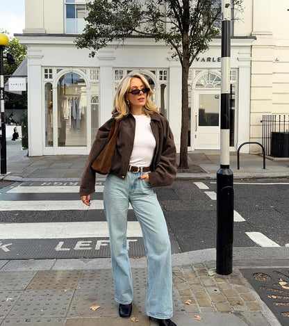 Womens Faux Suede Bomber Jacket Casual Lapel Pilot Cropped Coat Oversized Motorcycle Jackets 2025 Outerwear