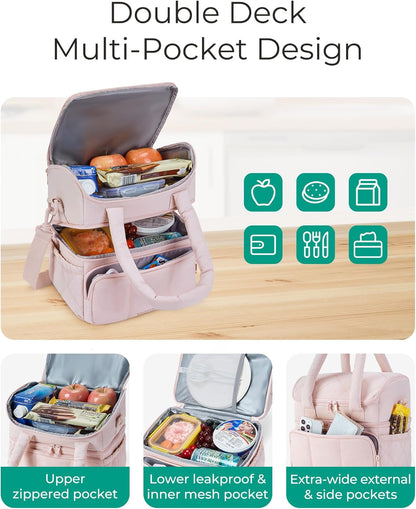 Anastas Lunch Bag Women, Double Deck Insulated Lunch Box, Quilted Puffer Lunch Tote, Leakproof, Durable & Reusable Large Lunch Cooler