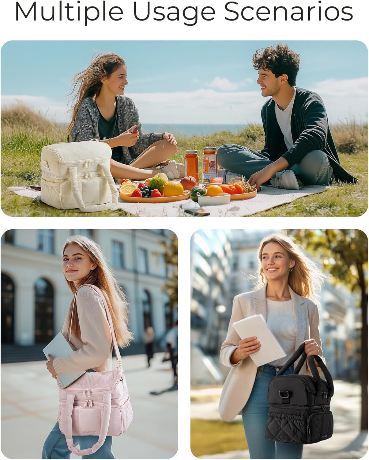 Anastas Lunch Bag Women, Double Deck Insulated Lunch Box, Quilted Puffer Lunch Tote, Leakproof, Durable & Reusable Large Lunch Cooler