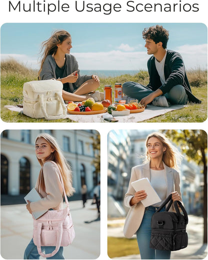 Anastas Lunch Bag Women, Double Deck Insulated Lunch Box, Quilted Puffer Lunch Tote, Leakproof, Durable & Reusable Large Lunch Cooler