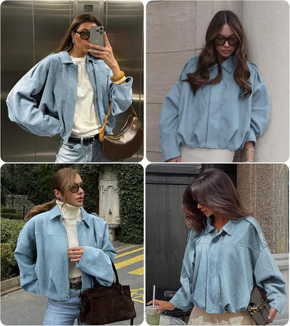 Womens Faux Suede Bomber Jacket Casual Lapel Pilot Cropped Coat Oversized Motorcycle Jackets 2025 Outerwear
