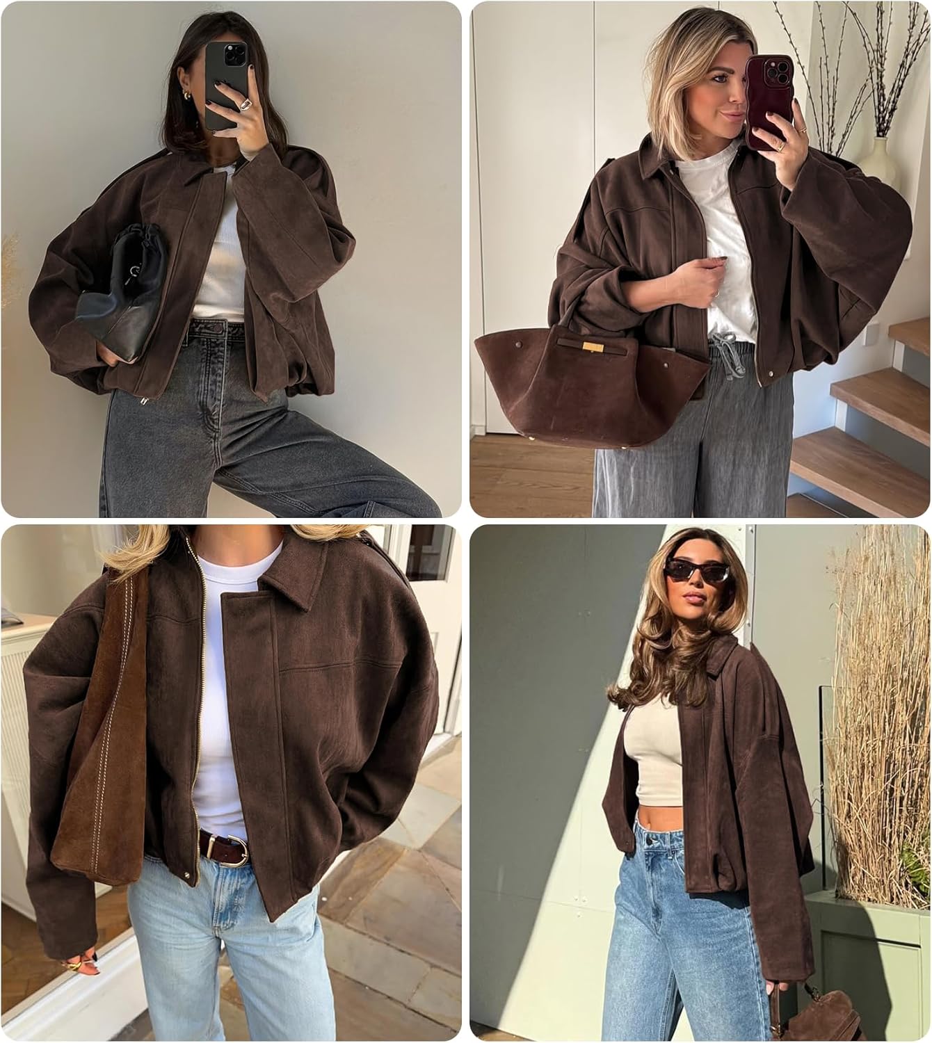 Womens Faux Suede Bomber Jacket Casual Lapel Pilot Cropped Coat Oversized Motorcycle Jackets 2025 Outerwear