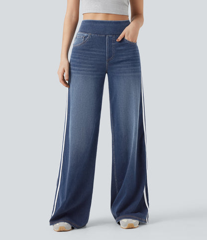 High Waisted Stripe Wide Leg Flowy Washed Casual Jeans with Pockets