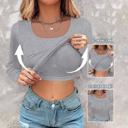 🔥Neck Built-in Bra Long Sleeve Ribbed Top Shirts Elegant Skinny Fit Fabric💥