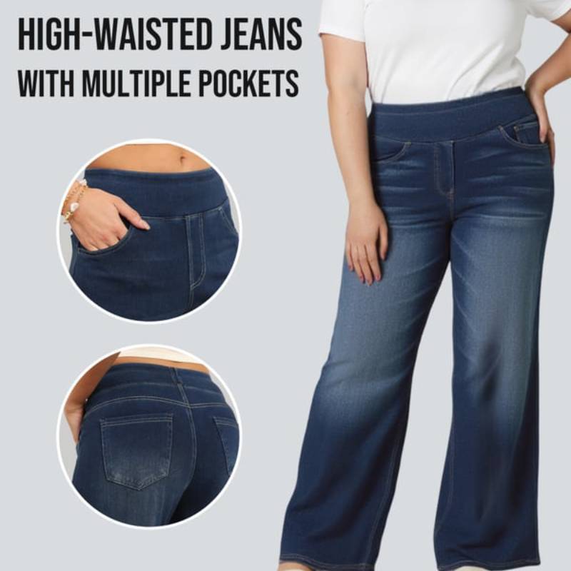 🏆LAST DAY SALE 50% OFF - Plus Size High Waist Comfy Stretch Knit Wide Leg Jeans with Multiple Pockets