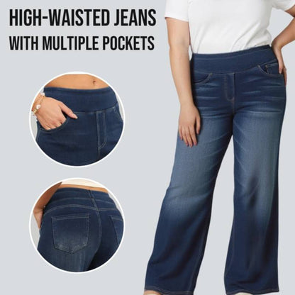 🏆LAST DAY SALE 50% OFF - Plus Size High Waist Comfy Stretch Knit Wide Leg Jeans with Multiple Pockets