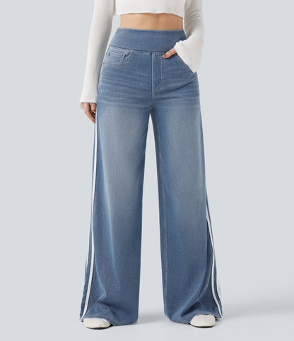 High Waisted Stripe Wide Leg Flowy Washed Casual Jeans with Pockets