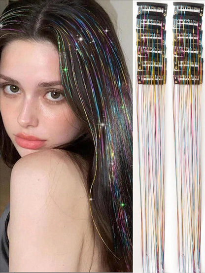 Hot-selling Seamless Hair Extensions (12 Pieces) with Laser Gold Shiny Ribbon Straight Hair Extensions, Dyed and Simulated Hair