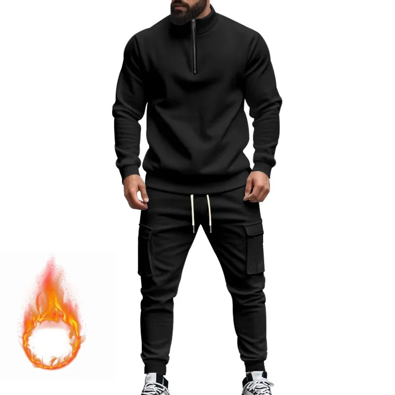 🧊🧊winter men's casual velvet warm zipper sports trousers set