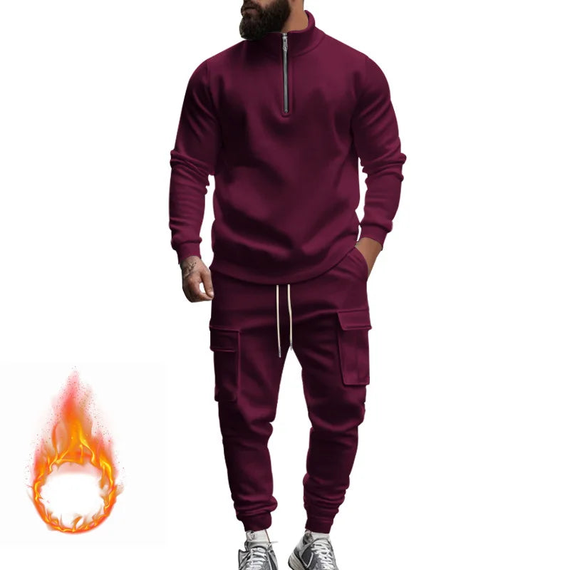 🧊🧊winter men's casual velvet warm zipper sports trousers set