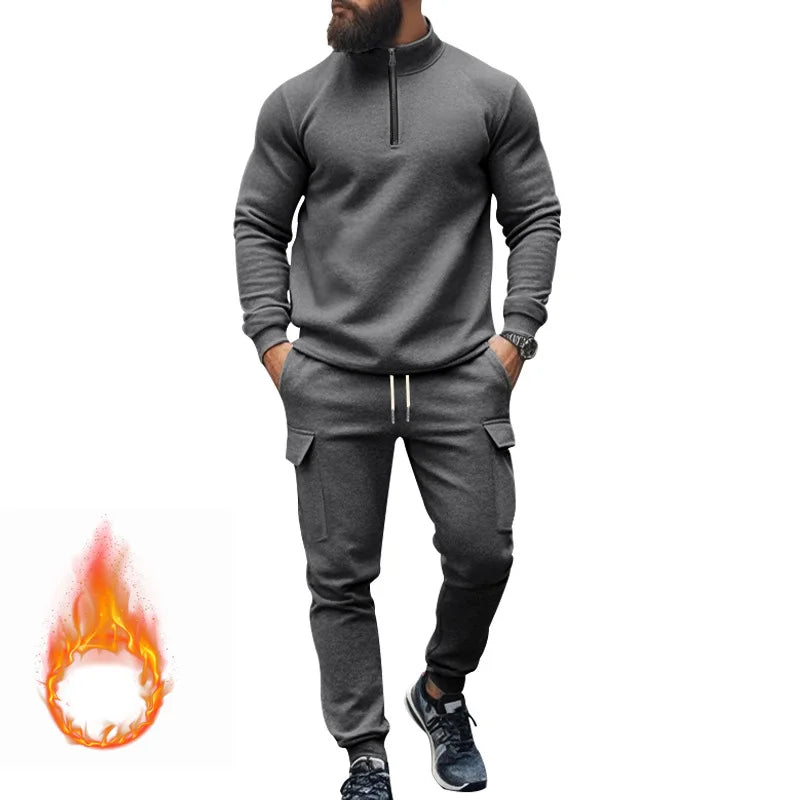 🧊🧊winter men's casual velvet warm zipper sports trousers set