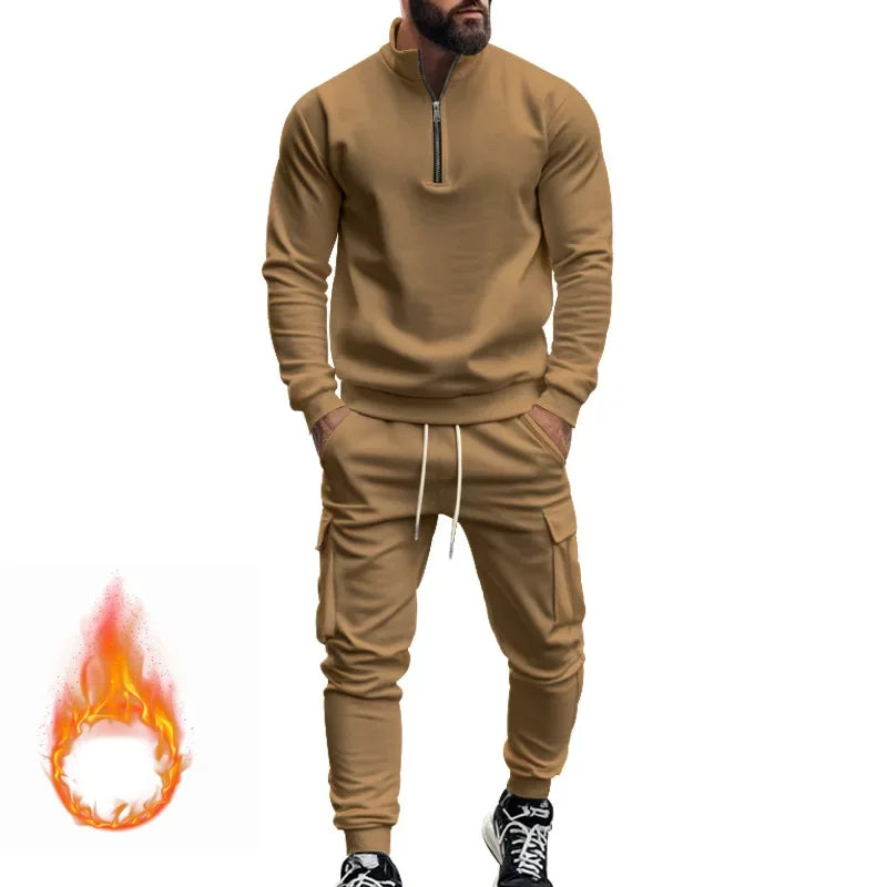 🧊🧊winter men's casual velvet warm zipper sports trousers set