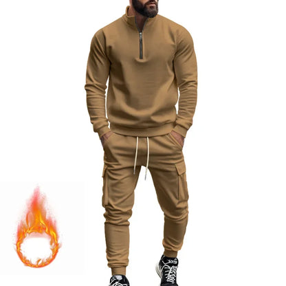 🧊🧊winter men's casual velvet warm zipper sports trousers set