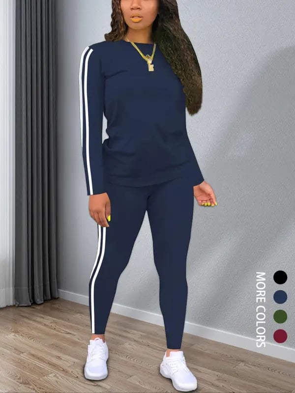 [🔥Buy 2 Free Shipping]Women's Striped Print Long Sleeve Top & Pants Two-piece Set, Casual Fashion Cozy Round Neck Top & Trousers for Daily Outdoor Wear, Ladies Clothes