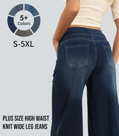 🏆LAST DAY SALE 50% OFF - Plus Size High Waist Comfy Stretch Knit Wide Leg Jeans with Multiple Pockets
