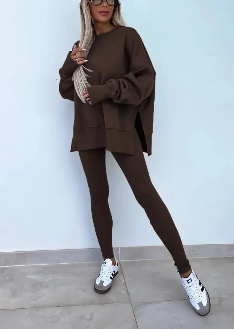 Women's Comfy Loose Slit Sweatshirt and Elastic Waist Tight Pants Set