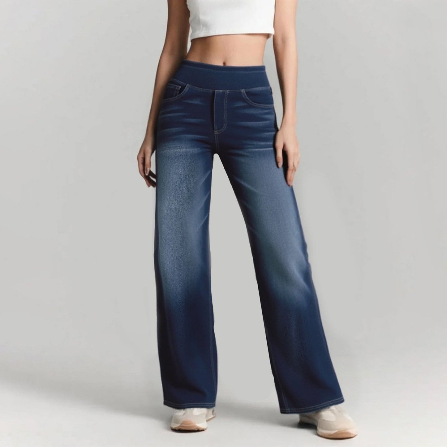 🏆LAST DAY SALE 50% OFF - Plus Size High Waist Comfy Stretch Knit Wide Leg Jeans with Multiple Pockets