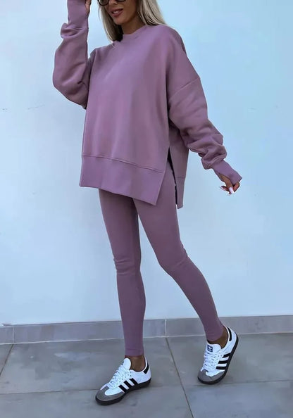 Women's Comfy Loose Slit Sweatshirt and Elastic Waist Tight Pants Set