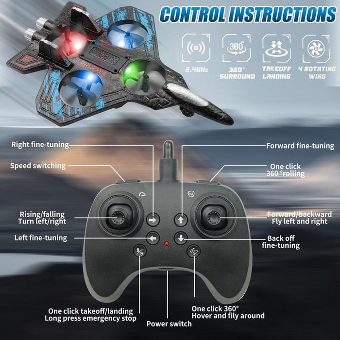 ✨️-LAST DAY 50% OFF🔥✈️Stunt RC Fighter! 360° Rolling + Vertical Takeoff/Landing, 3 Speed Modes + Colorful LED, Create New Flying Fun～