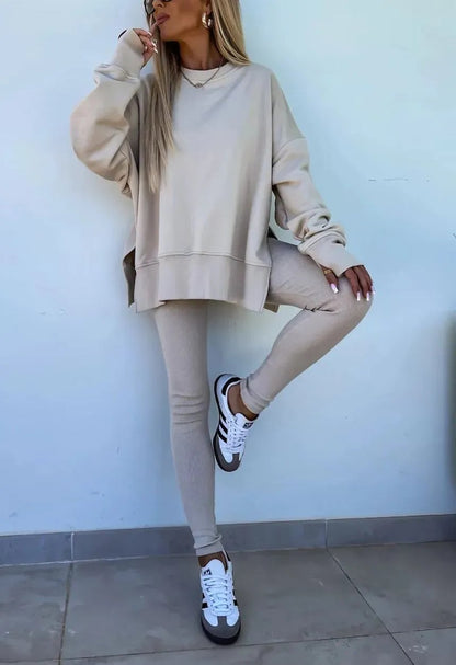 Women's Comfy Loose Slit Sweatshirt and Elastic Waist Tight Pants Set