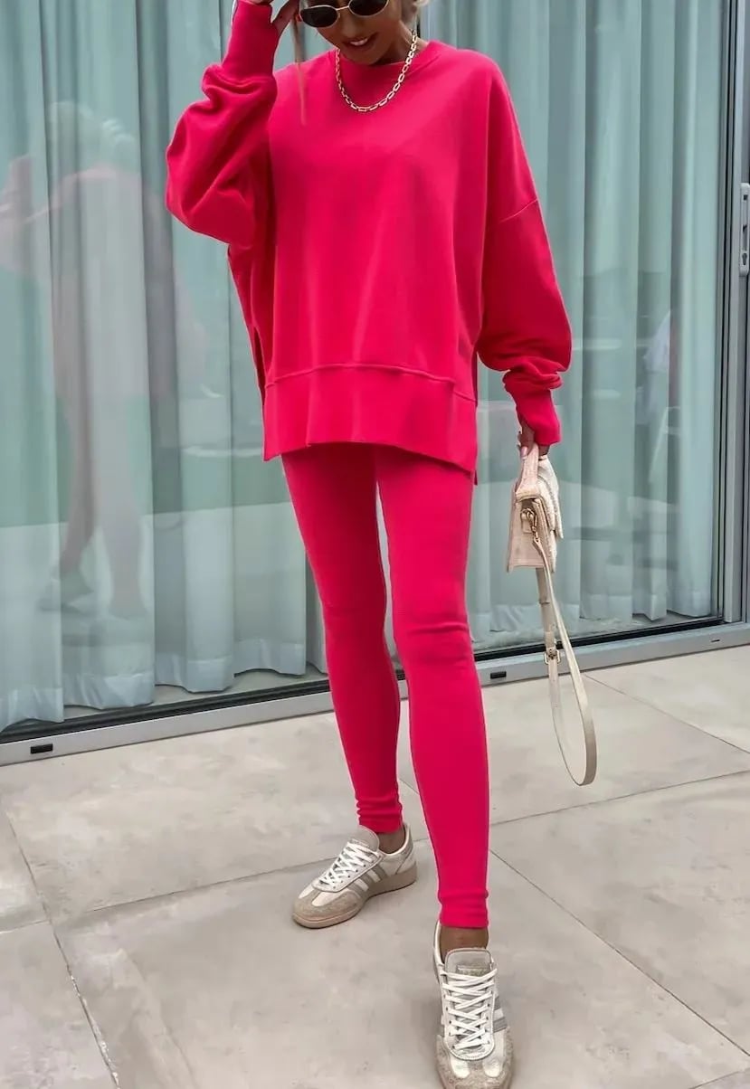 Women's Comfy Loose Slit Sweatshirt and Elastic Waist Tight Pants Set