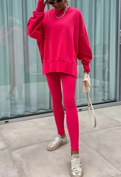 Women's Comfy Loose Slit Sweatshirt and Elastic Waist Tight Pants Set