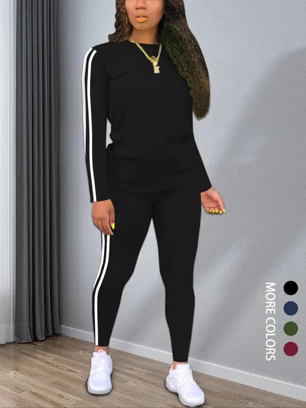 [🔥Buy 2 Free Shipping]Women's Striped Print Long Sleeve Top & Pants Two-piece Set, Casual Fashion Cozy Round Neck Top & Trousers for Daily Outdoor Wear, Ladies Clothes