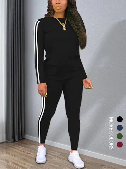 [🔥Buy 2 Free Shipping]Women's Striped Print Long Sleeve Top & Pants Two-piece Set, Casual Fashion Cozy Round Neck Top & Trousers for Daily Outdoor Wear, Ladies Clothes