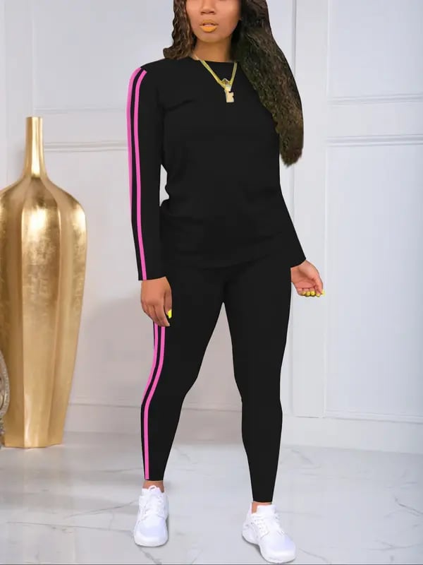 [🔥Buy 2 Free Shipping]Women's Striped Print Long Sleeve Top & Pants Two-piece Set, Casual Fashion Cozy Round Neck Top & Trousers for Daily Outdoor Wear, Ladies Clothes