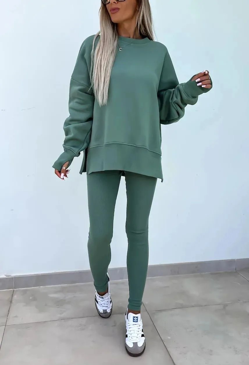 Women's Comfy Loose Slit Sweatshirt and Elastic Waist Tight Pants Set