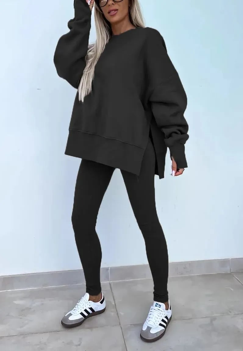 Women's Comfy Loose Slit Sweatshirt and Elastic Waist Tight Pants Set