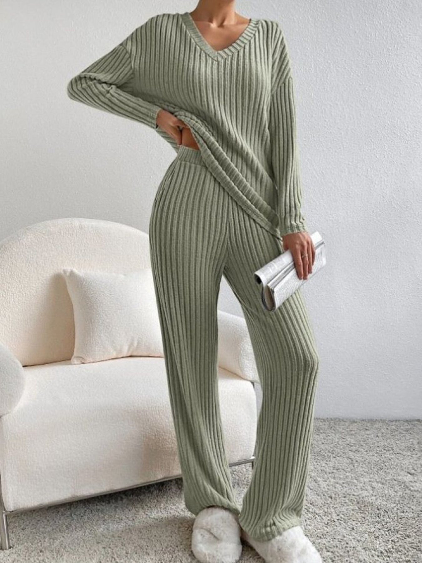 📦Buy 2 for FREE shipping!🎁Women's Long-Sleeved Knit Ribbed Pajama Set