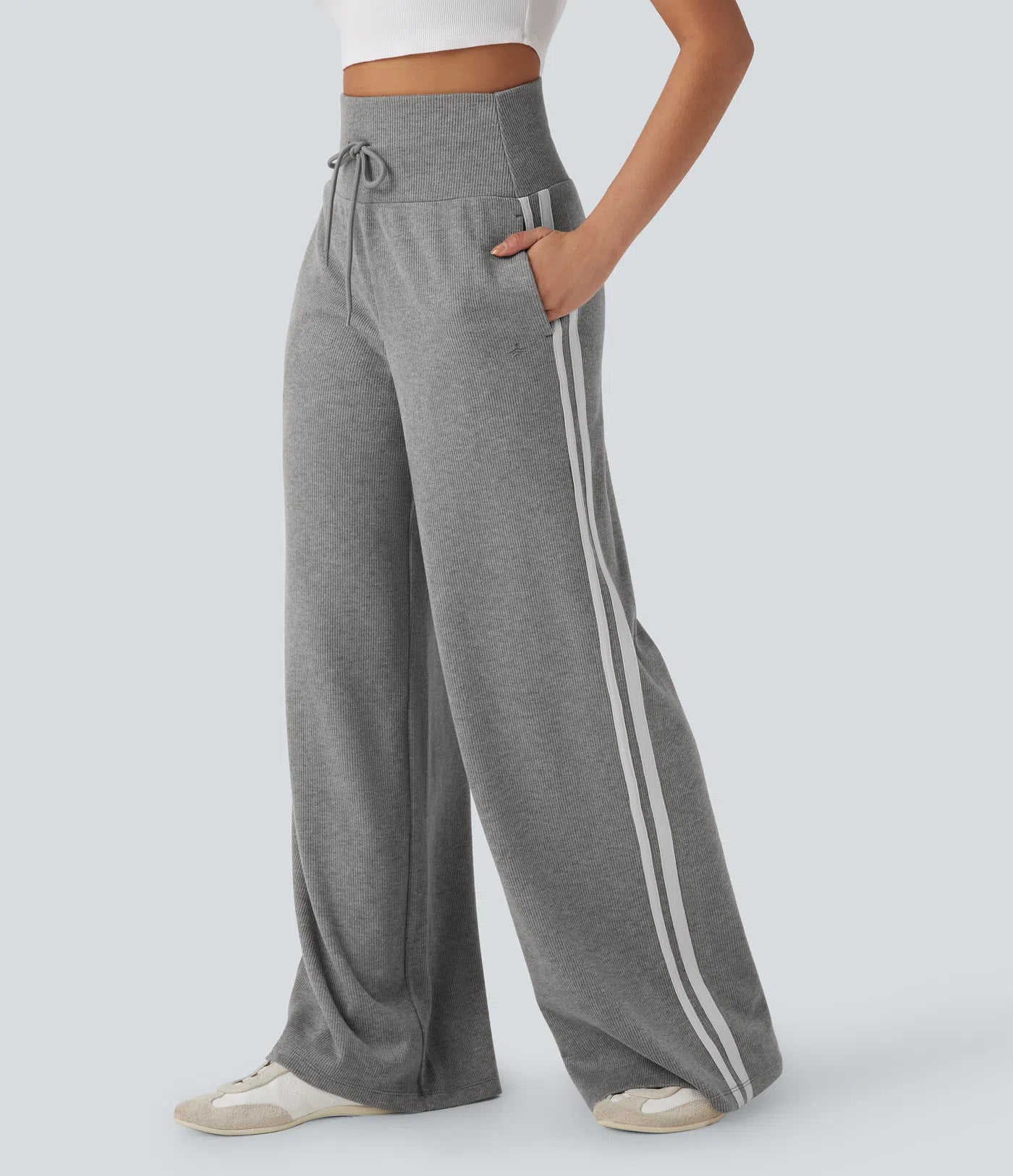 Ribbed High Waisted Tummy Control Drawstring Wide Leg Color Block Casual Pants with Pockets
