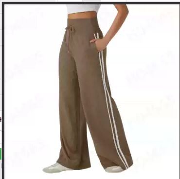 Ribbed High Waisted Tummy Control Drawstring Wide Leg Color Block Casual Pants with Pockets