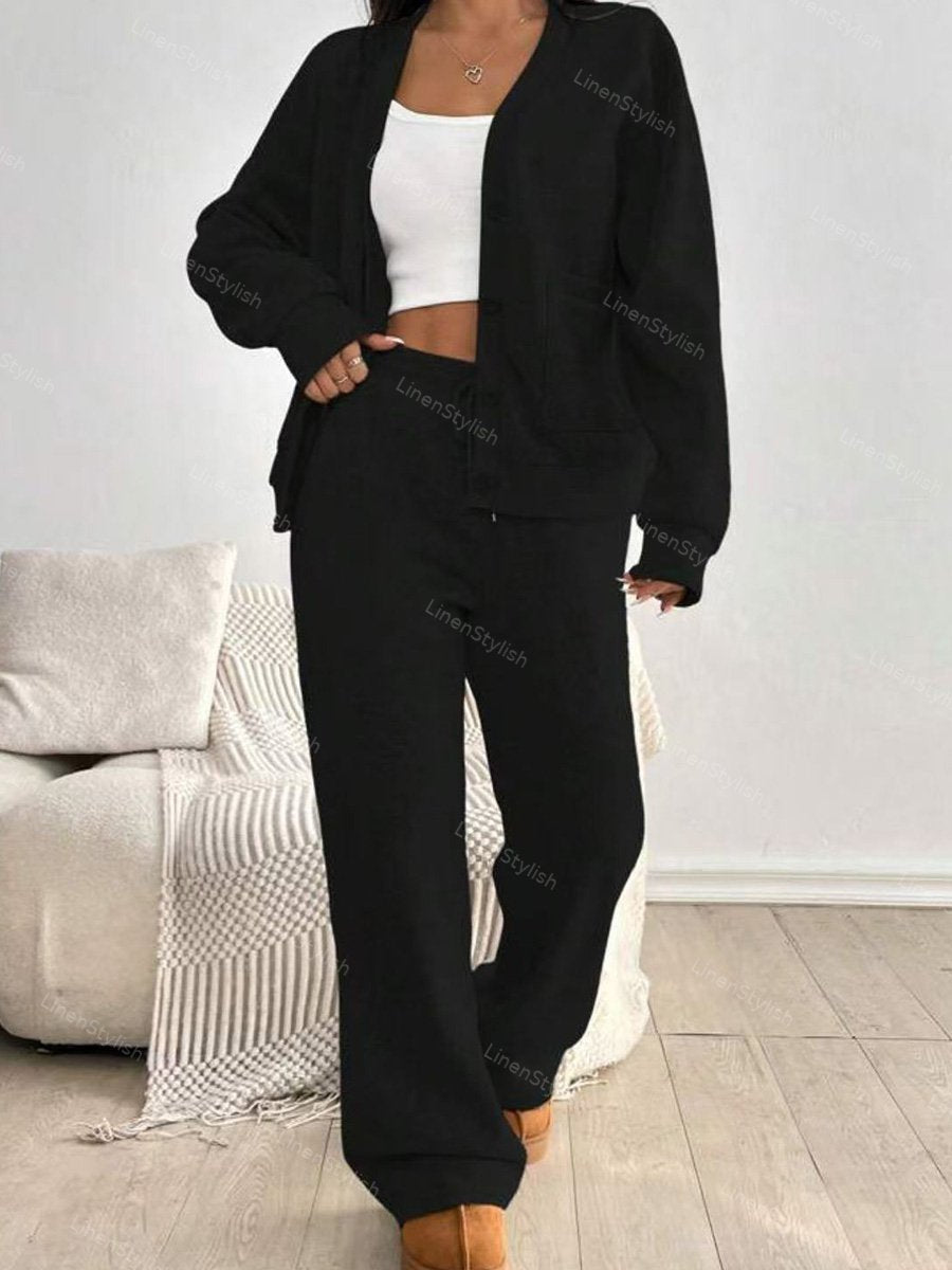 Cardigan Jacket Wide Leg Pants Casual Set